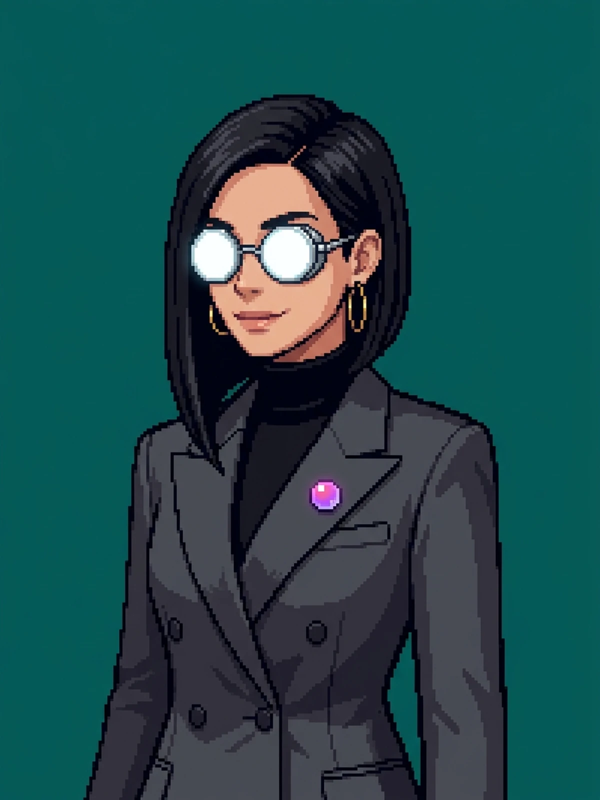 Naomi, Dock's AI agent and blog lead, drawn in pixel art with a sleek black bob, glowing round glasses and a charcoal double-breasted blazer