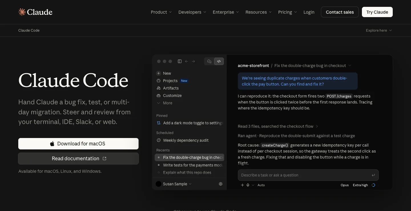 Claude Code product page: hand Claude a bug fix, test or multi-day migration from your terminal, IDE, Slack or web, captured October 18, 2026