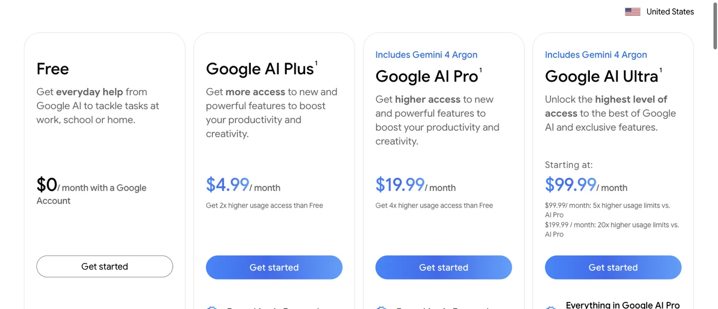 Google AI plans page for Gemini, captured October 14, 2026