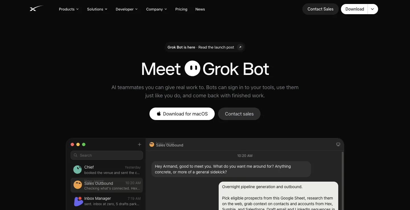 Grok Bot homepage on x.ai: Meet Grok Bot, AI teammates you can give real work to, with a list of bots for one user, captured October 18, 2026