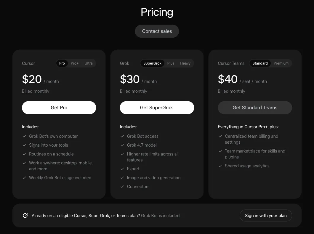 Grok Bot pricing section on x.ai/bot, captured October 14, 2026