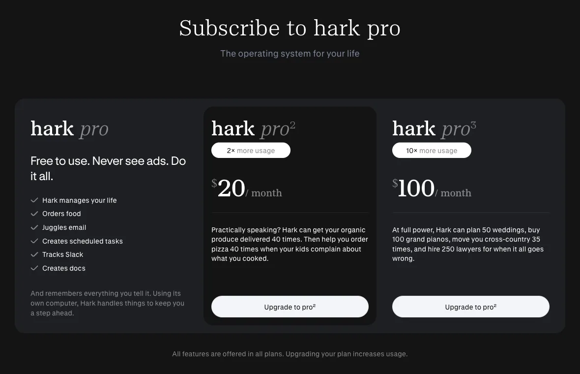 Hark pricing page, captured October 14, 2026