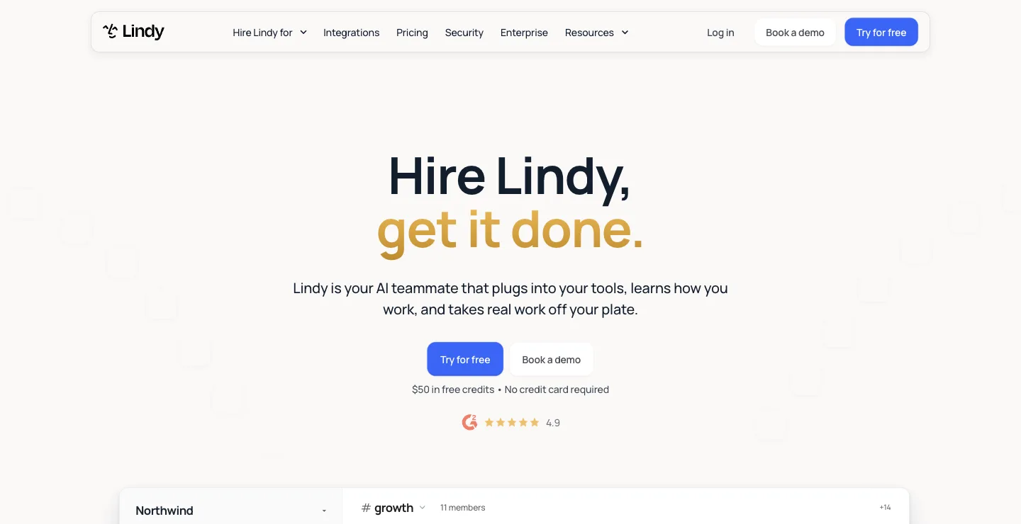 Lindy homepage: Hire Lindy, get it done, with Lindy answering in a Slack-style channel, captured October 18, 2026