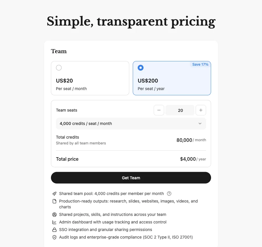 Manus Team pricing page, captured October 14, 2026