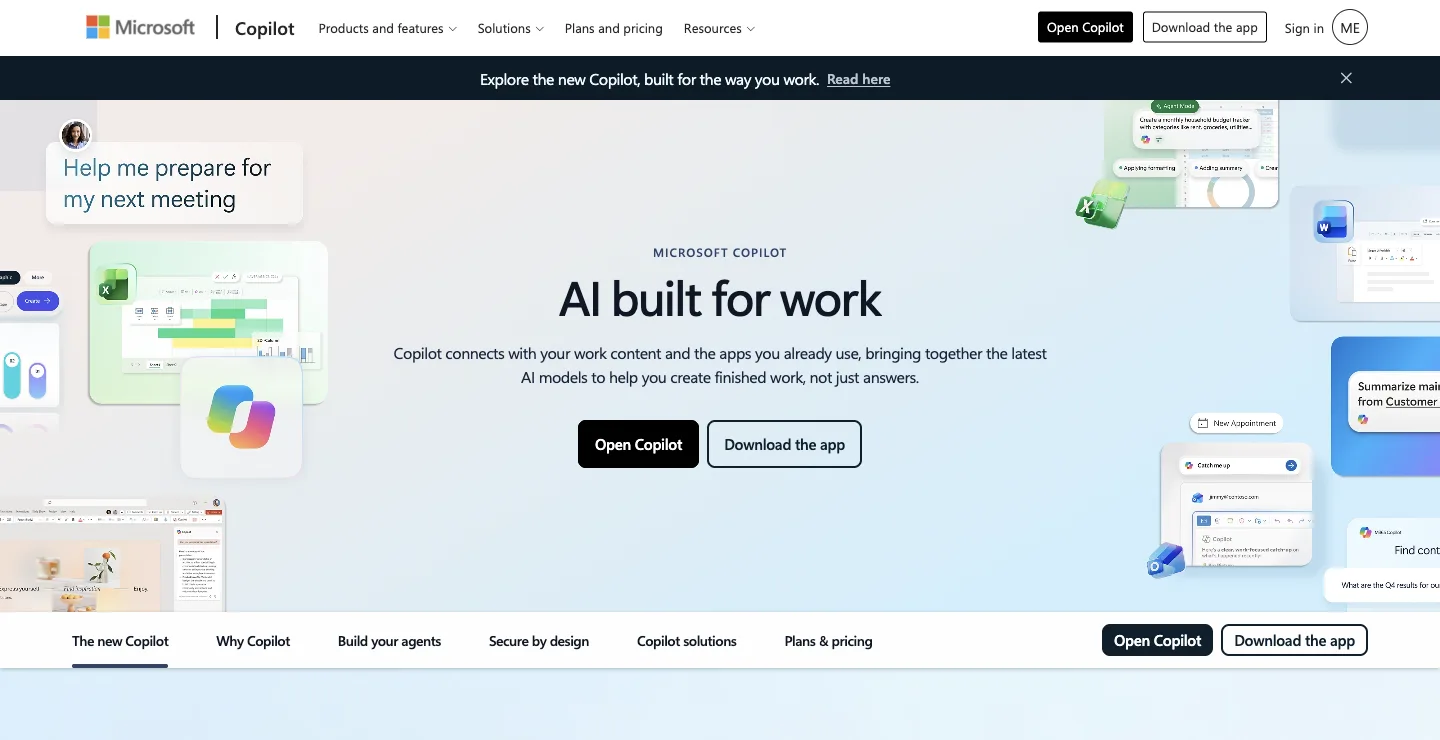 Microsoft Copilot page headlined AI built for work, with Copilot inside Microsoft 365 apps, captured October 18, 2026