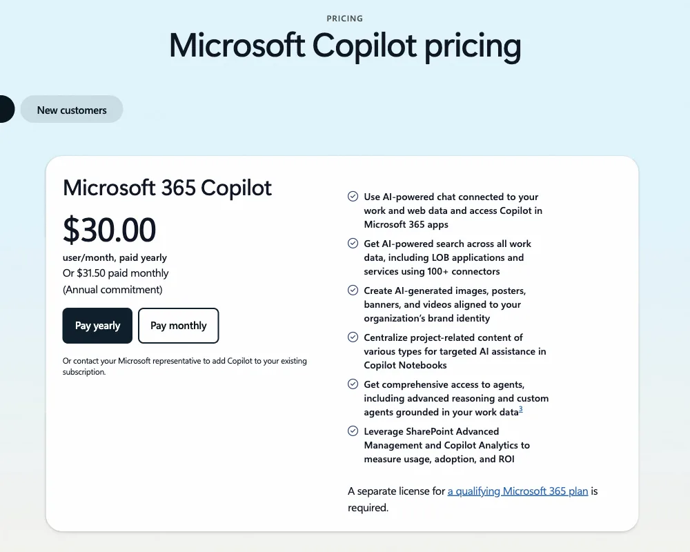 Microsoft 365 Copilot pricing section, captured October 14, 2026