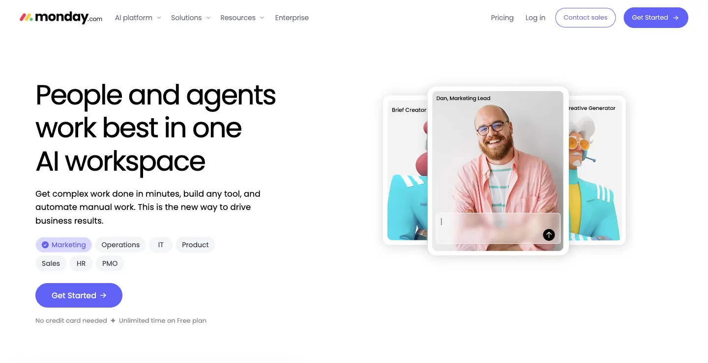 monday.com homepage: People and agents work best in one AI workspace, captured October 18, 2026