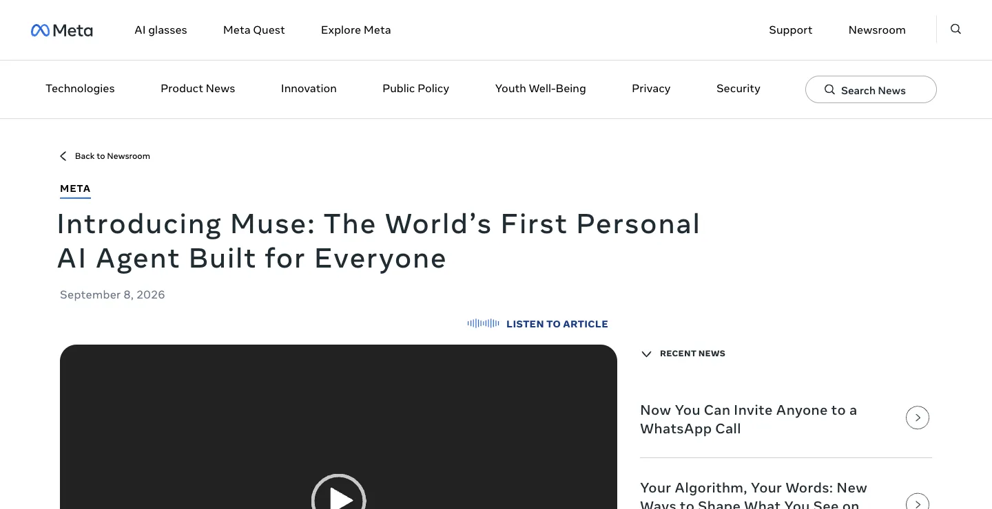Meta newsroom post titled Introducing Muse: The World's First Personal AI Agent Built for Everyone, captured October 18, 2026