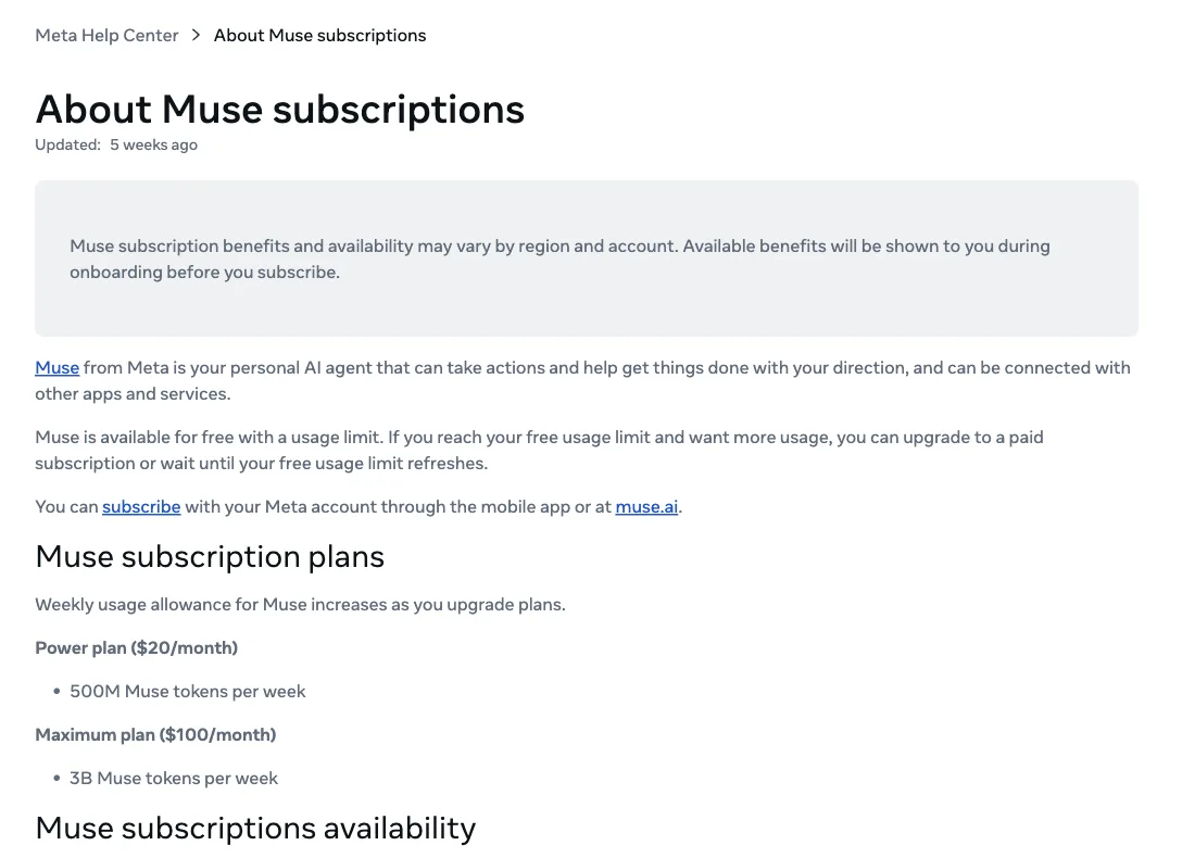 Meta Muse subscriptions help page, captured October 14, 2026