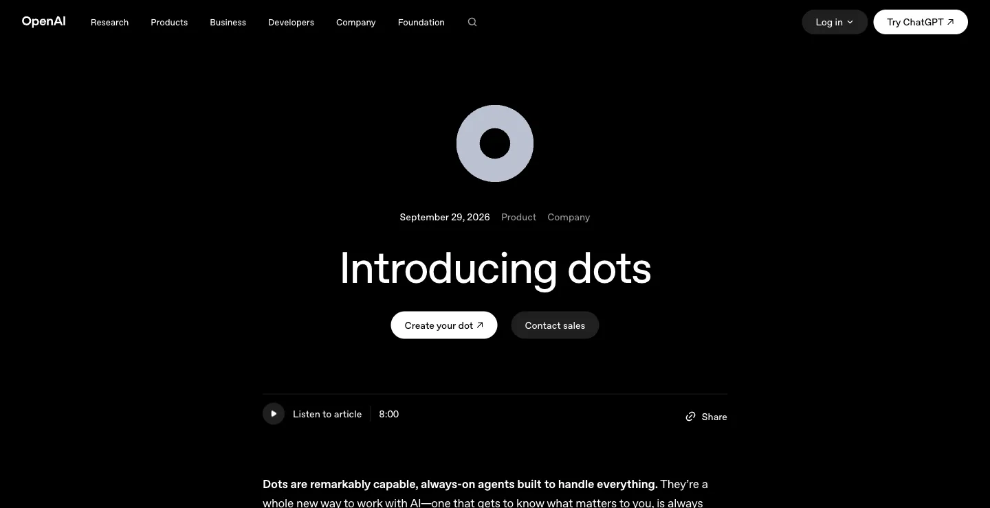 OpenAI's Introducing dots announcement page, dated September 29, 2026, captured October 18, 2026
