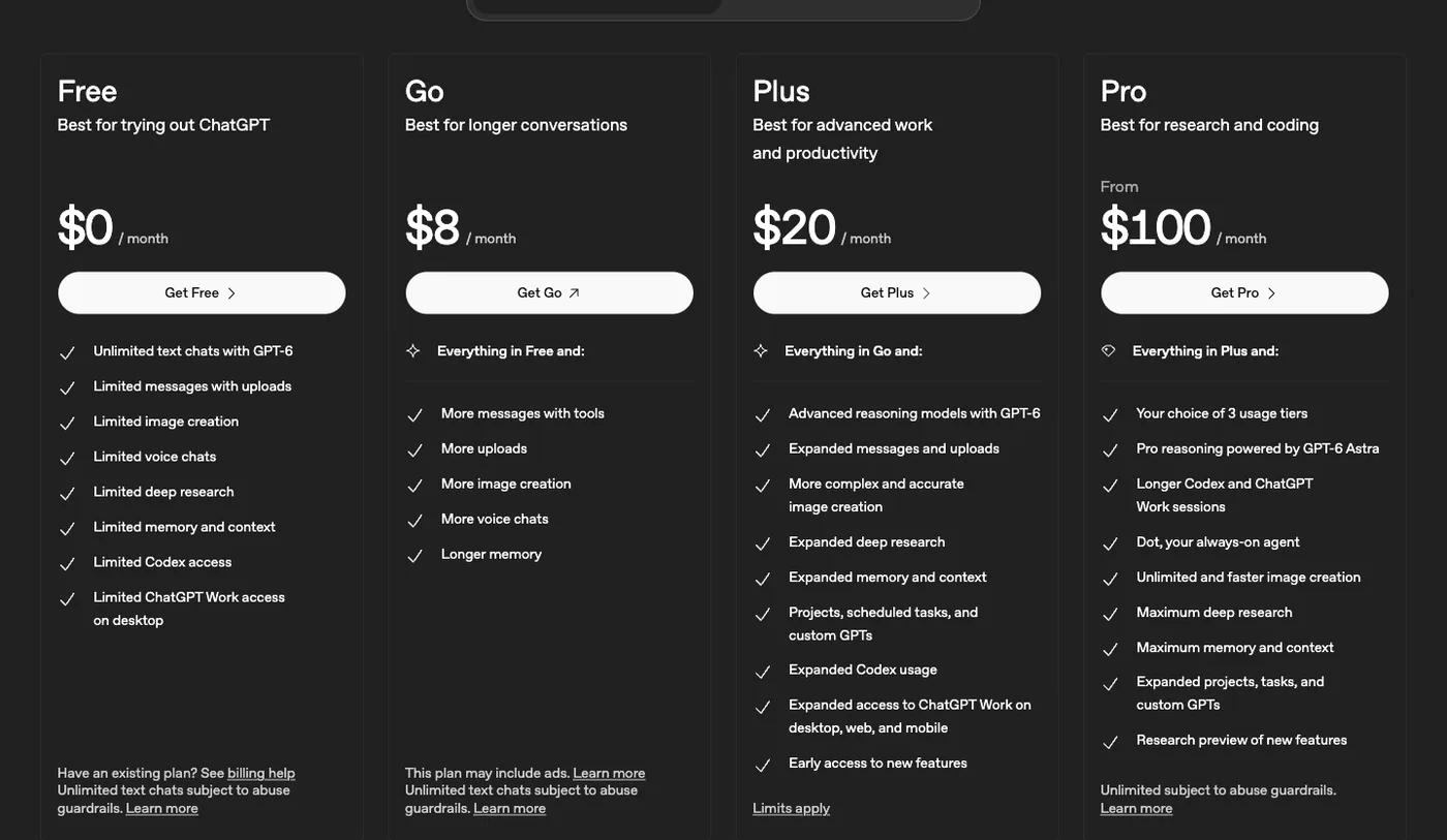 ChatGPT pricing page, captured October 14, 2026