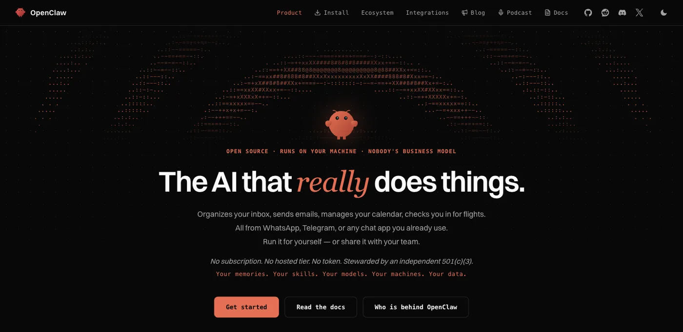 OpenClaw homepage, captured October 14, 2026