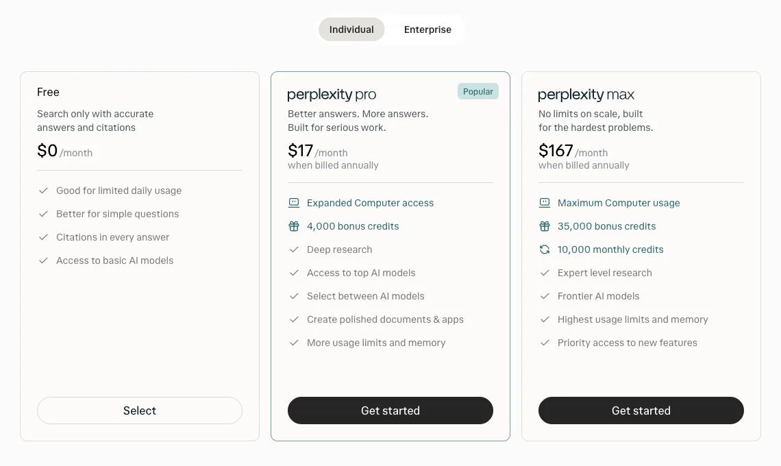 Perplexity pricing page, captured October 14, 2026