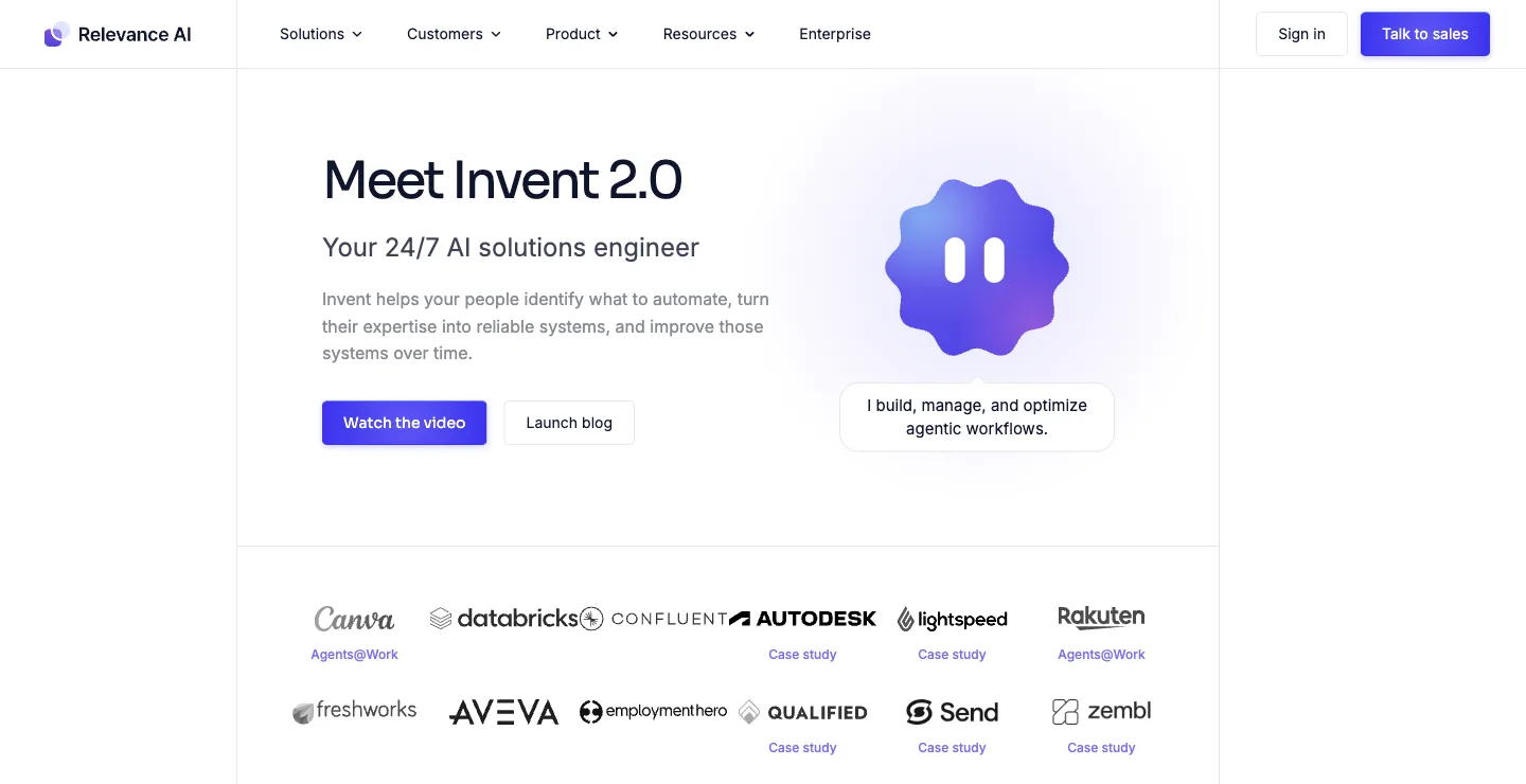 Relevance AI homepage: Meet Invent 2.0, your 24/7 AI solutions engineer, captured October 18, 2026