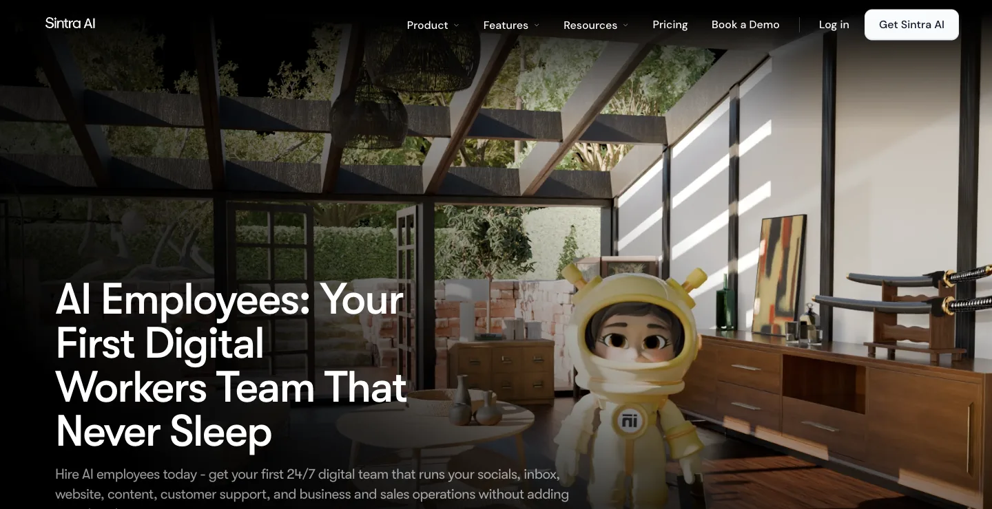 Sintra homepage: AI Employees, your first digital workers team that never sleep, captured October 18, 2026