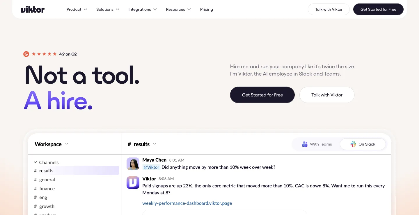 Viktor homepage: Not a tool. A hire. The AI employee in Slack and Teams, captured October 18, 2026