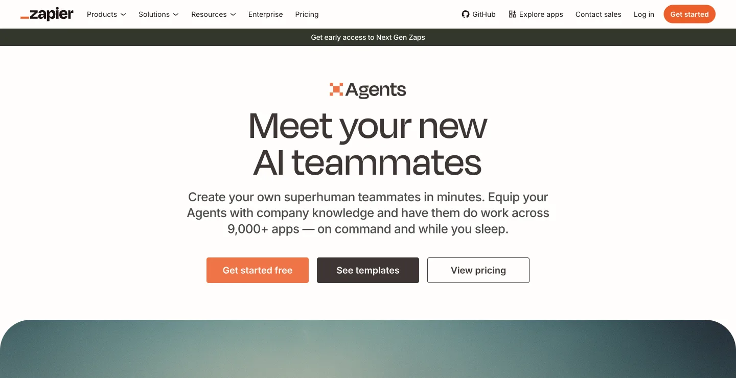 Zapier Agents page: Meet your new AI teammates, create agents that work across 9,000+ apps, captured October 18, 2026
