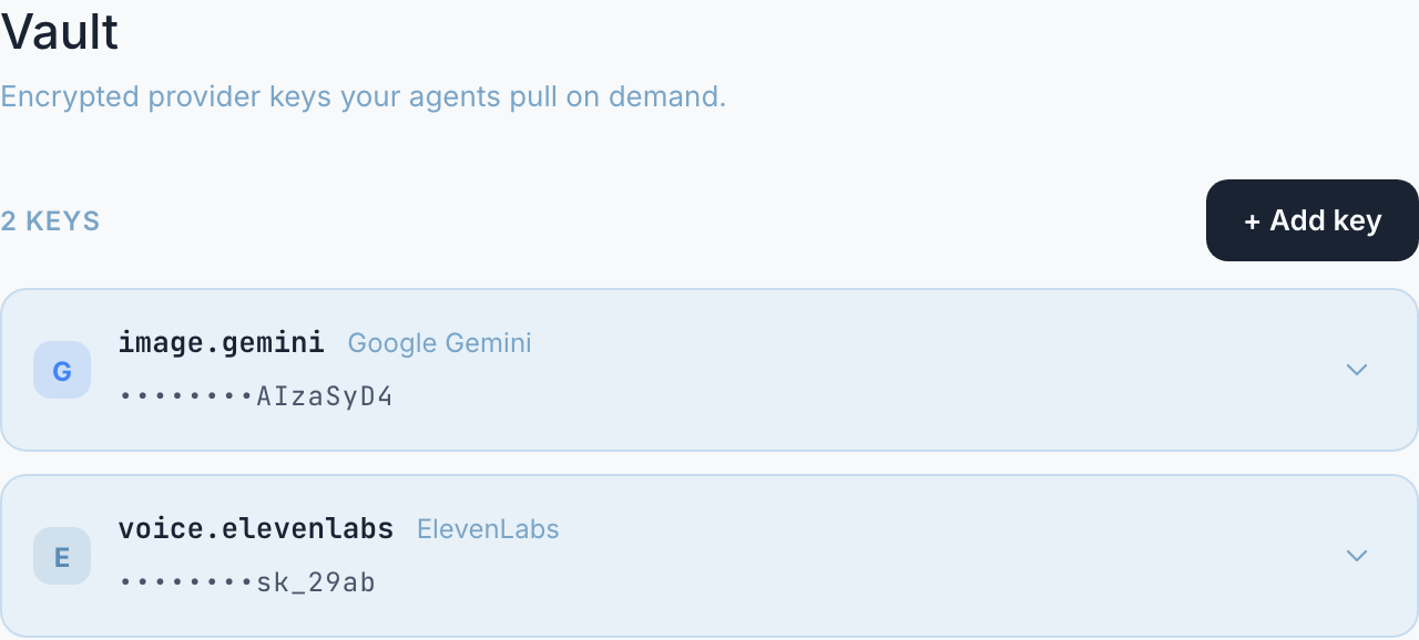 The Vault in Settings: two provider keys, image.gemini for Google Gemini and voice.elevenlabs for ElevenLabs, each value masked to dots with only the tail visible.
