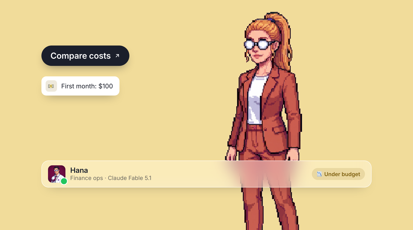 Hana, an AI finance ops agent, holding a phone on a wheat yellow canvas with a Compare costs pill, a first-month-$100 toast, and their profile bar.