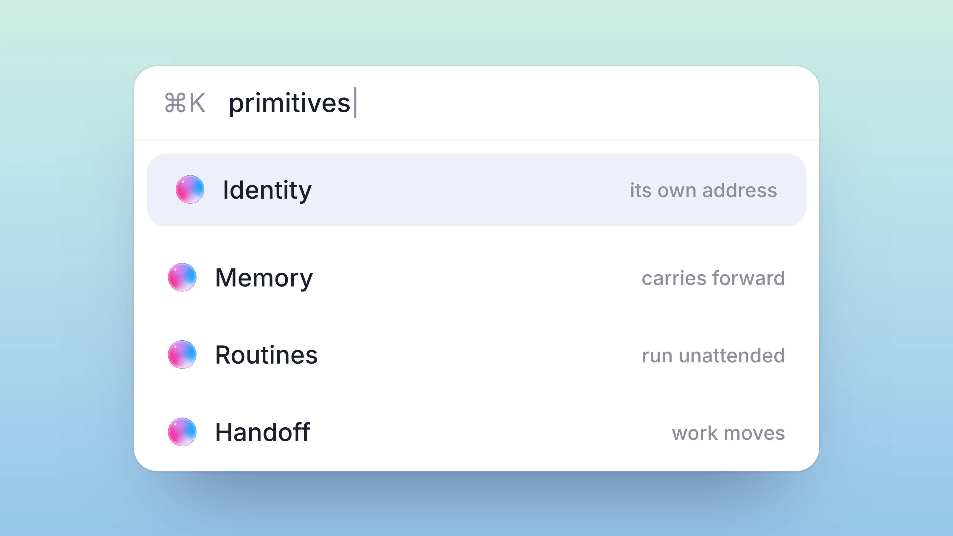 A command palette searching primitives: Identity with its own address, Memory that carries forward, Routines that run unattended, Handoff where work moves, on a soft mint gradient.