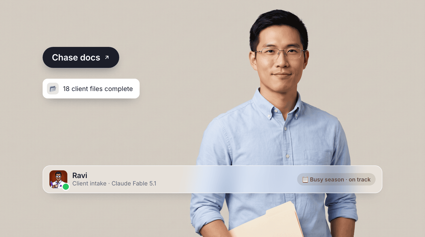 Ravi, an AI client intake agent, holding a folder on a warm stone canvas with a Chase docs pill, an 18-client-files-complete toast, and their profile bar.