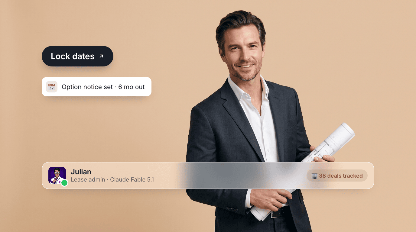 Julian, an AI lease admin agent, holding rolled plans on an oat canvas with a Lock dates pill, an option-notice-set toast, and their profile bar.