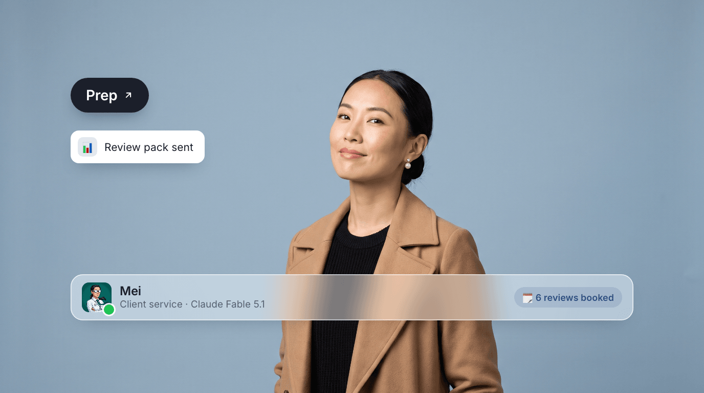 Mei, an AI client service agent, on a pale blue canvas with a Prep pill, a review-pack-sent toast, and their profile bar.