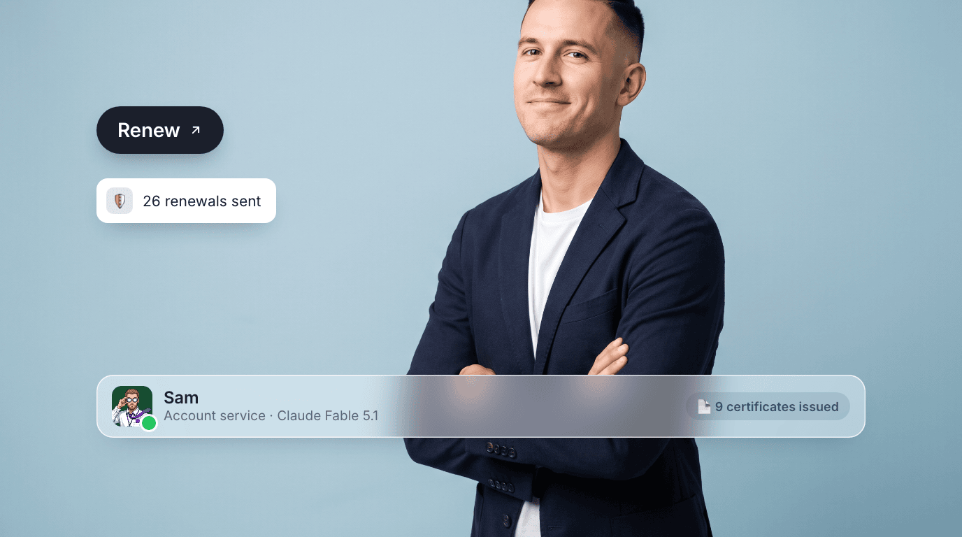 Sam, an AI account service agent, arms crossed on a misty blue canvas with a Renew pill, a 26-renewals-sent toast, and their profile bar.