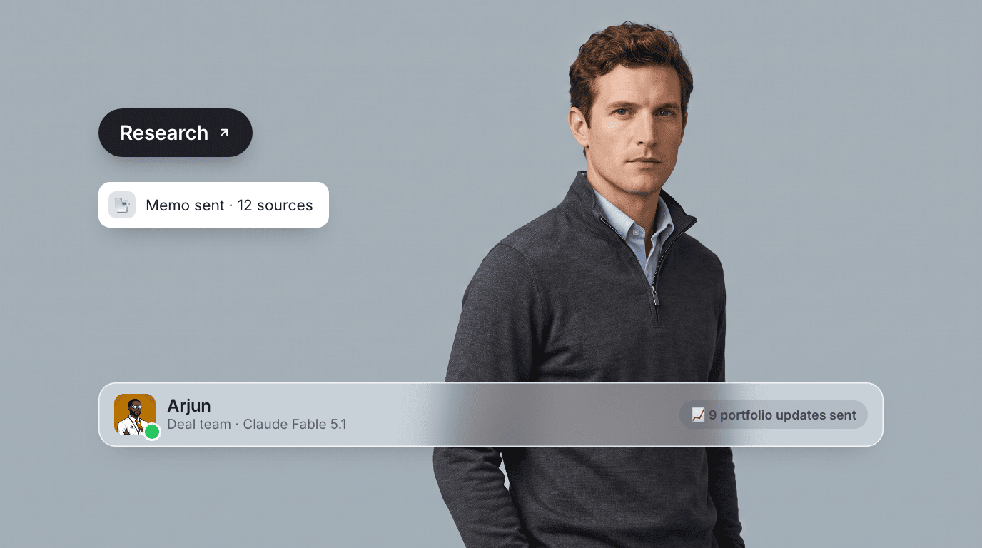 Arjun, an AI deal team agent, on a slate canvas with a Research pill, a memo-sent-with-12-sources toast, and their profile bar.