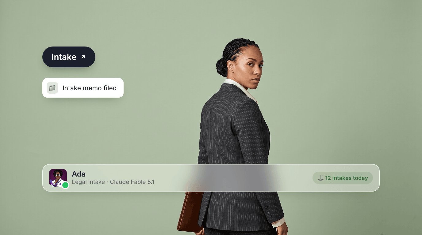 Ada, an AI legal intake agent, glancing back on a sage green canvas with an Intake pill, an intake-memo-filed toast, and their profile bar.