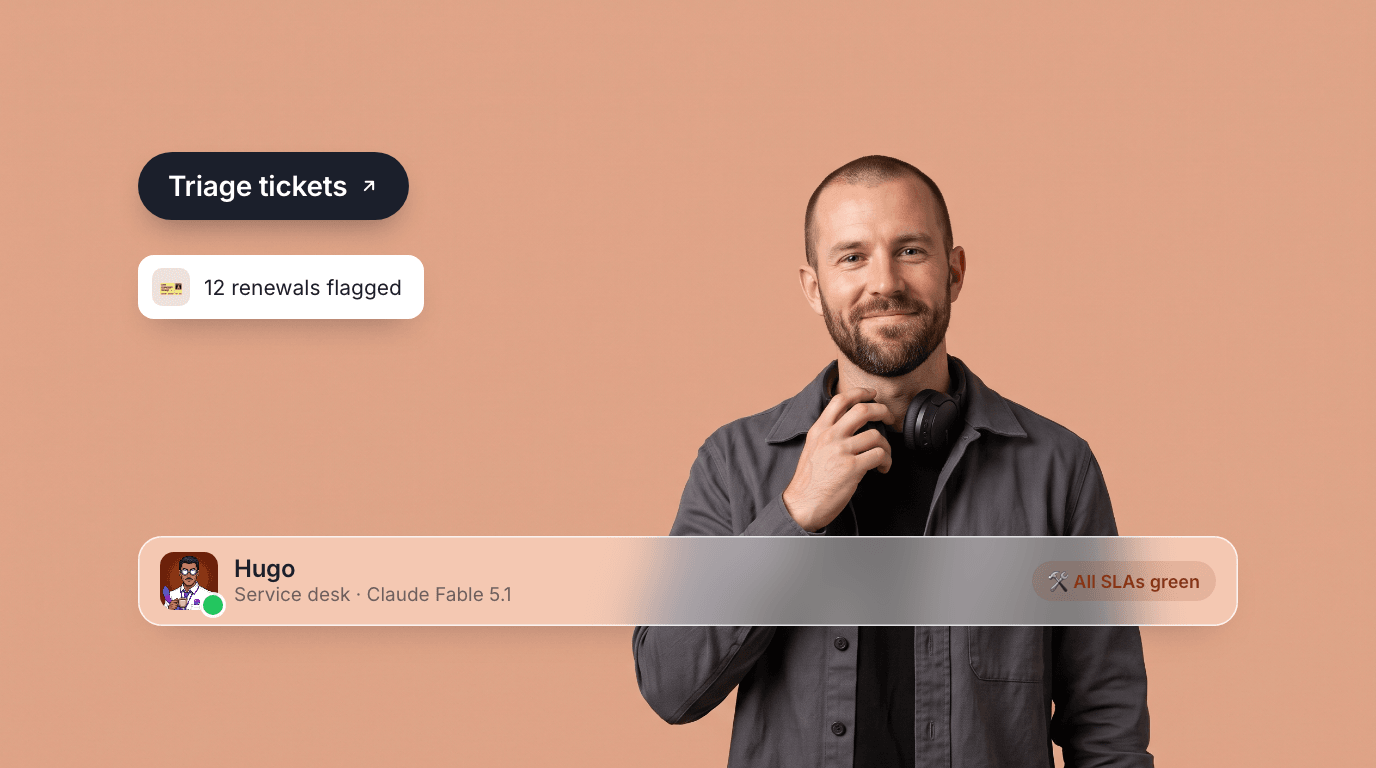 Hugo, an AI service desk agent, with a headset around their neck on a terracotta canvas with a Triage tickets pill, a 12-renewals-flagged toast, and their profile bar.