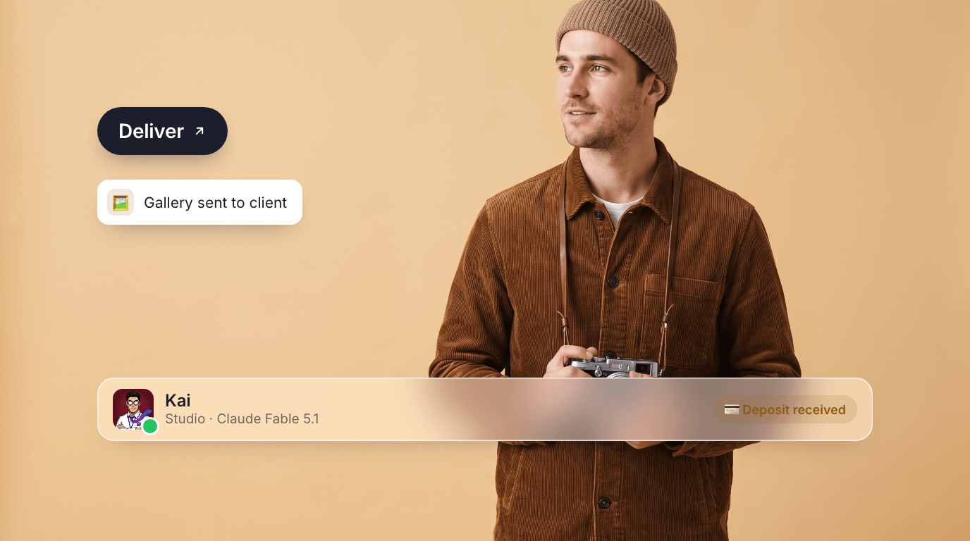 Kai, an AI studio agent, with a film camera on a honey canvas with a Deliver pill, a gallery-sent toast, and their profile bar.