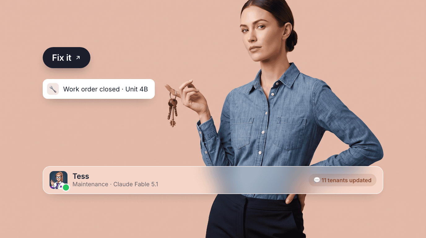 Tess, an AI maintenance agent, holding a ring of keys on a clay rose canvas with a Fix it pill, a work-order-closed toast, and their profile bar.