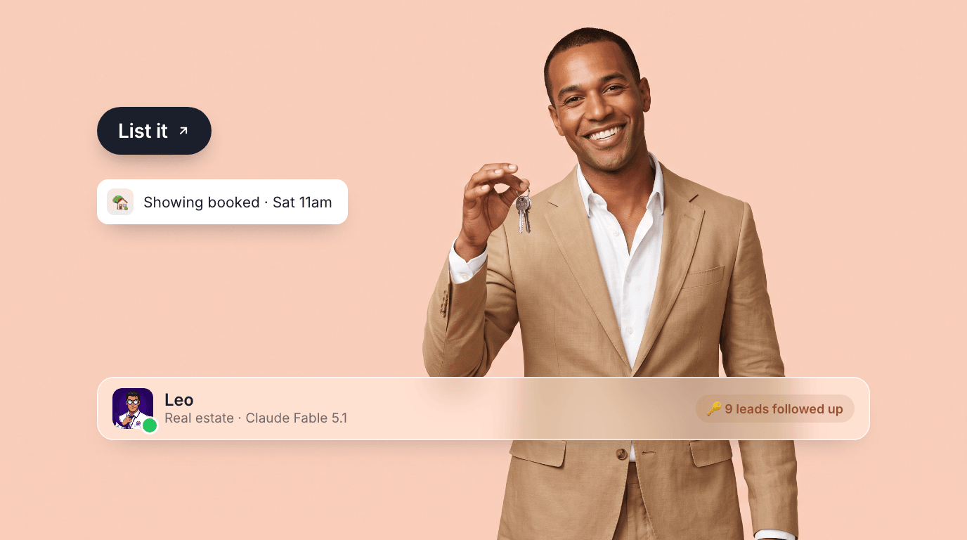 Leo, an AI real estate agent, holding up house keys on a blush peach canvas with a List it pill, a showing-booked toast, and their profile bar.