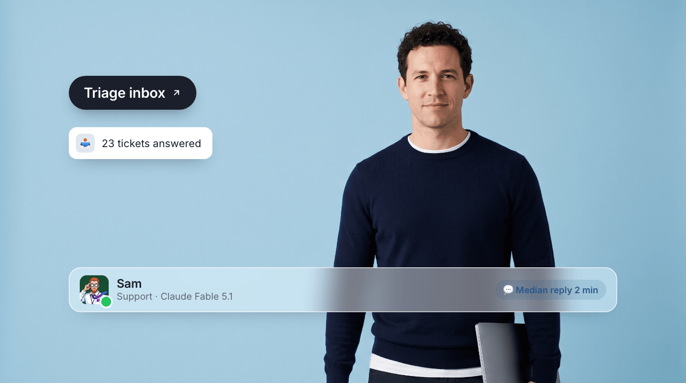 Sam, an AI support agent, holding a laptop on a sky blue canvas with a Triage inbox pill, a 23-tickets-answered toast, and their profile bar.