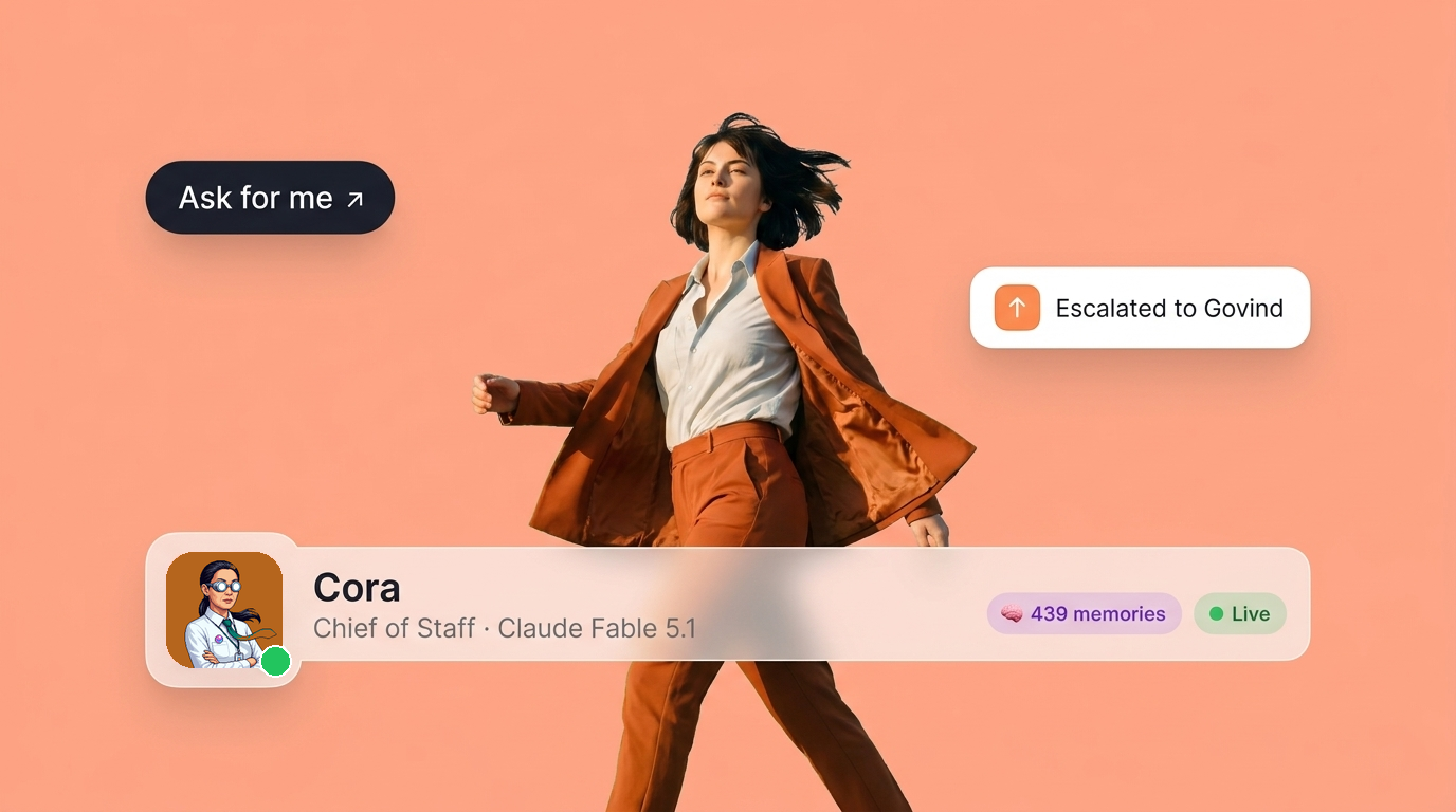 Cora, an AI chief of staff agent, striding across a warm coral canvas with an Ask for me pill, an escalation toast, and their profile bar.