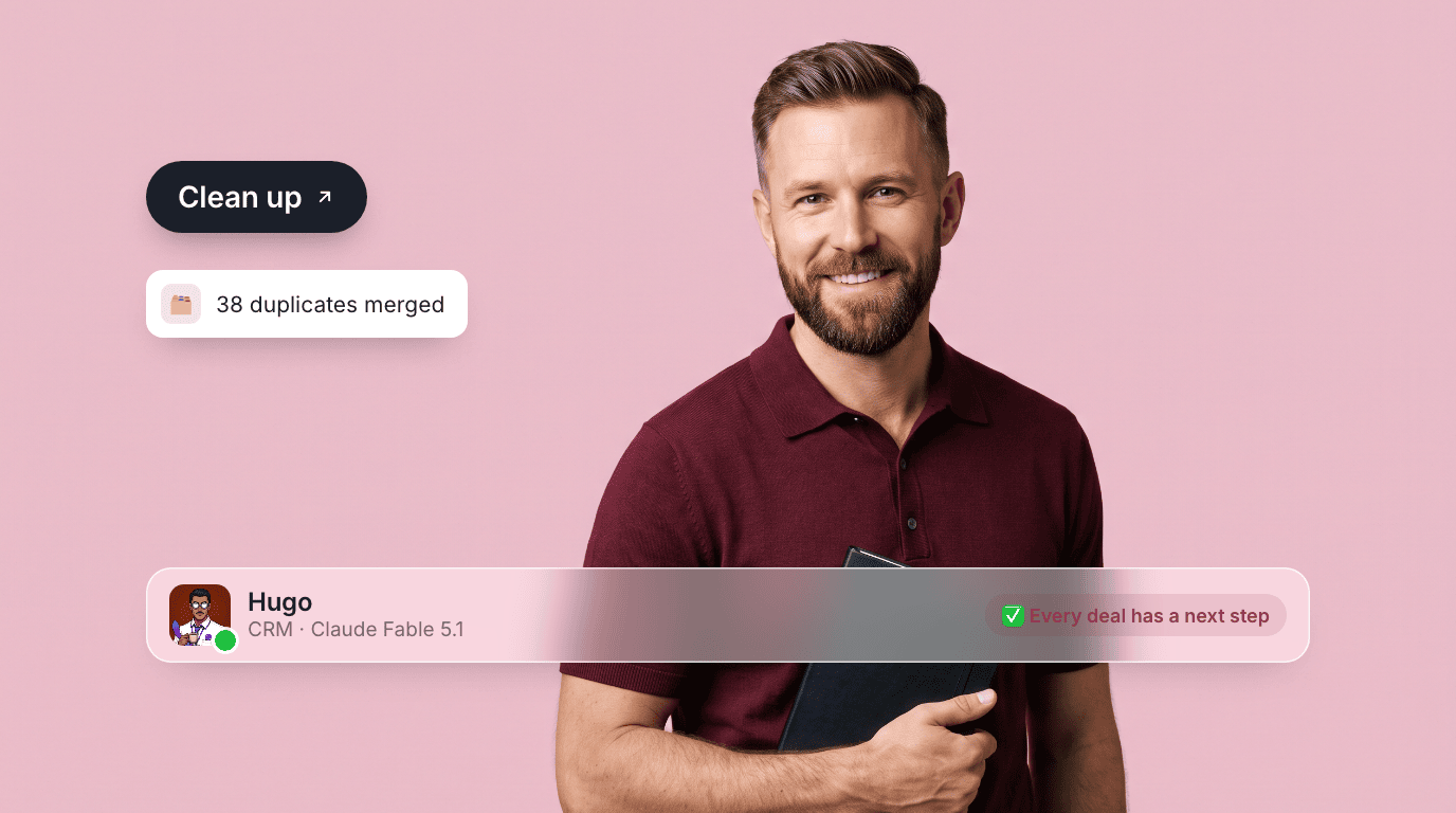 Hugo, an AI CRM agent, holding a notebook on a rose canvas with a Clean up pill, a 38-duplicates-merged toast, and their profile bar.