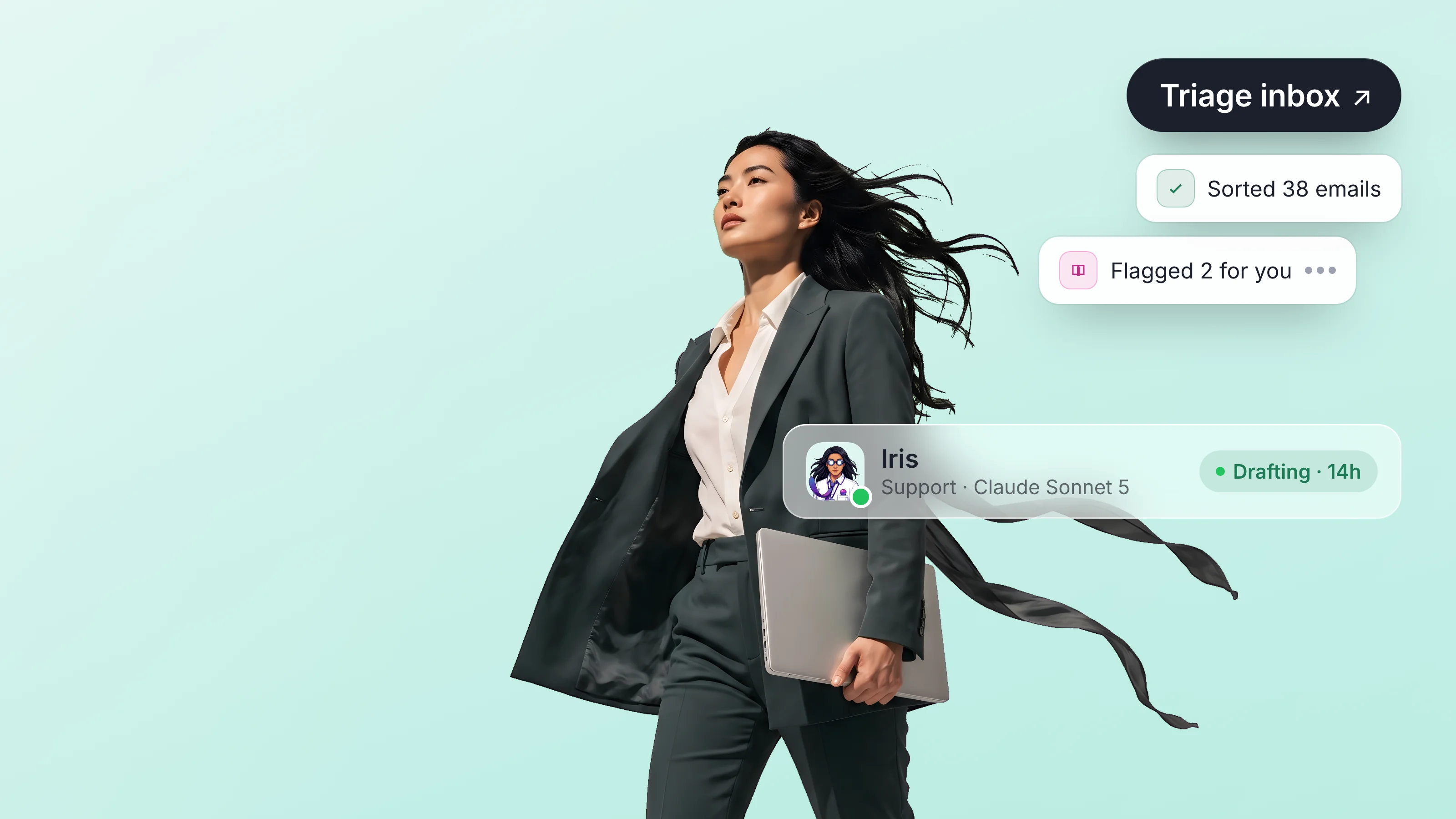 Iris, an AI support agent running Claude Sonnet 5, striding across a soft mint canvas with a Triage inbox pill, two step toasts, and their agent profile bar.