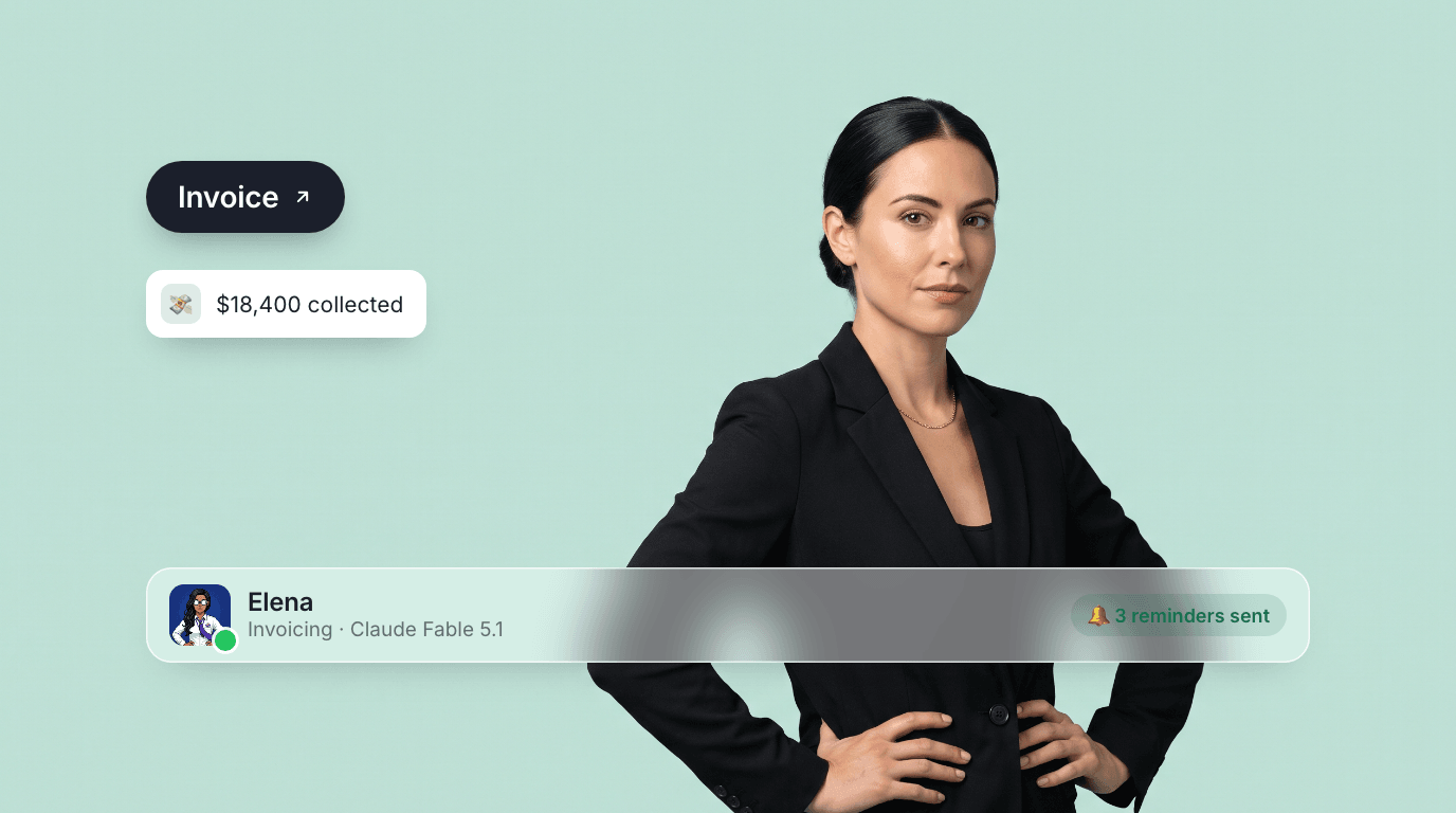 Elena, an AI invoicing agent, hands on hips on a mint canvas with an Invoice pill, an $18,400-collected toast, and their profile bar.