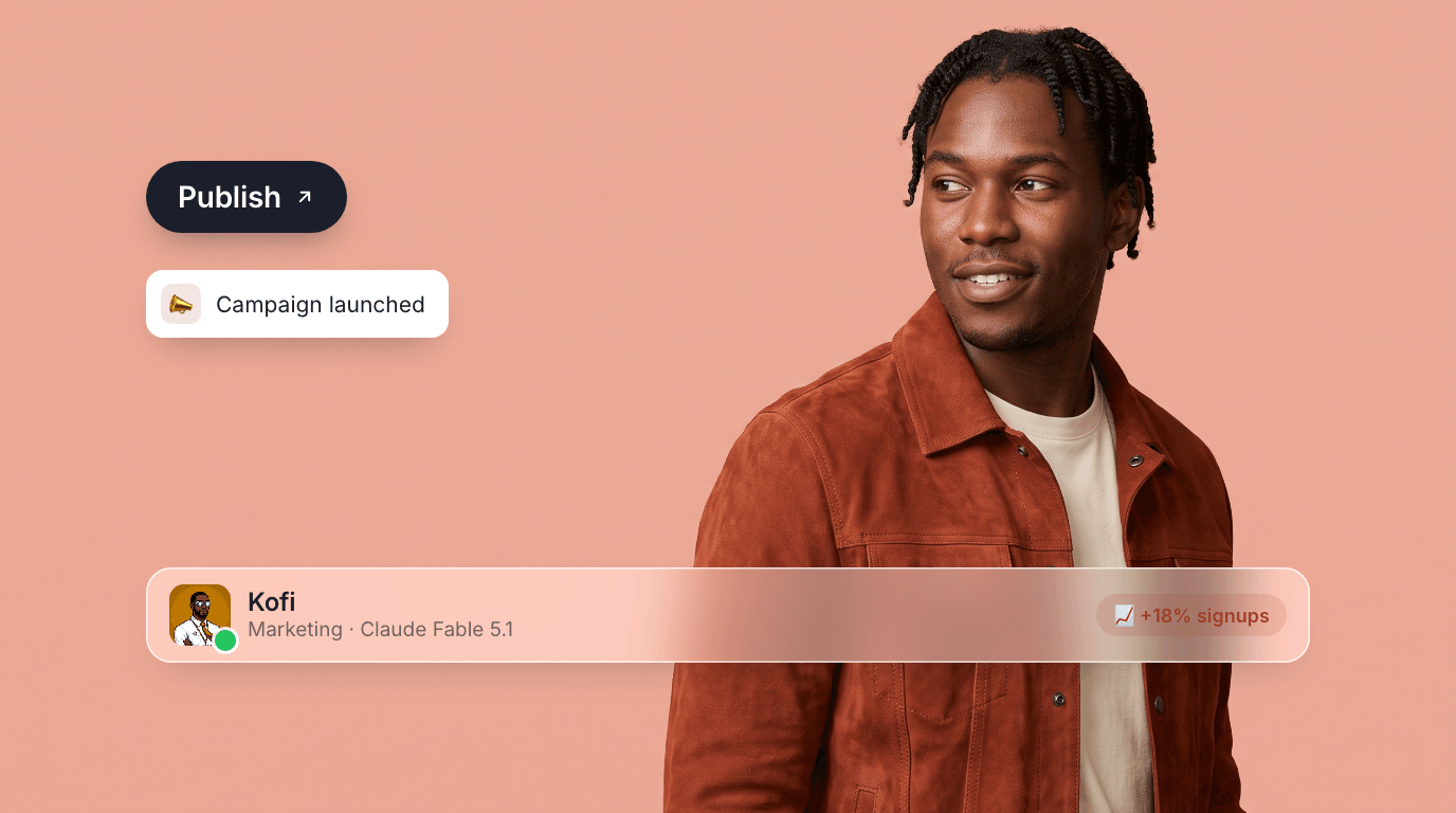 Kofi, an AI marketing agent, on a coral canvas with a Publish pill, a campaign-launched toast, and their profile bar.