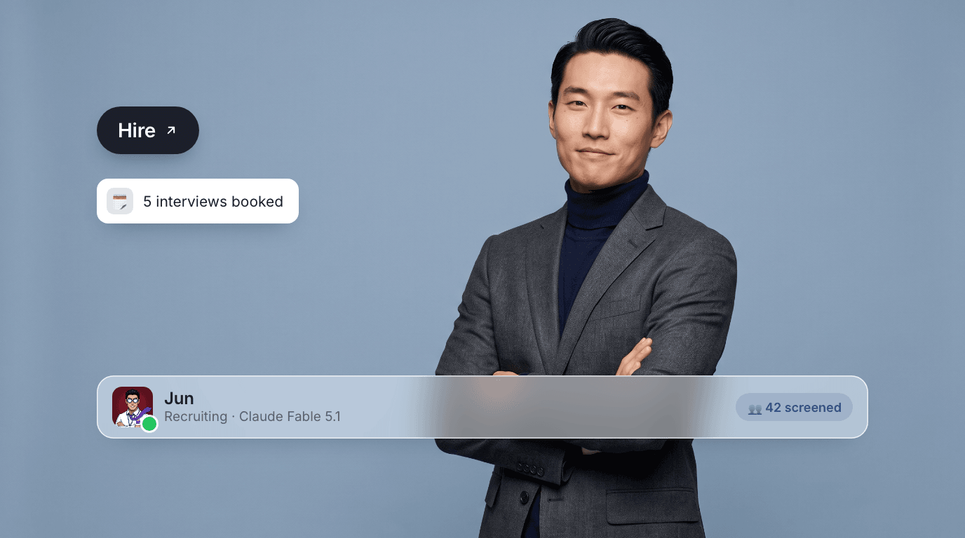 Jun, an AI recruiting agent, arms crossed on a steel blue canvas with a Hire pill, a 5-interviews-booked toast, and their profile bar.