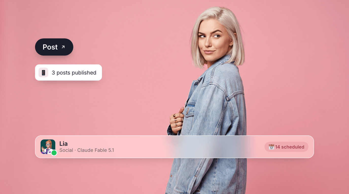 Lia, an AI social media agent, glancing back on a rose pink canvas with a Post pill, a 3-posts-published toast, and their profile bar.