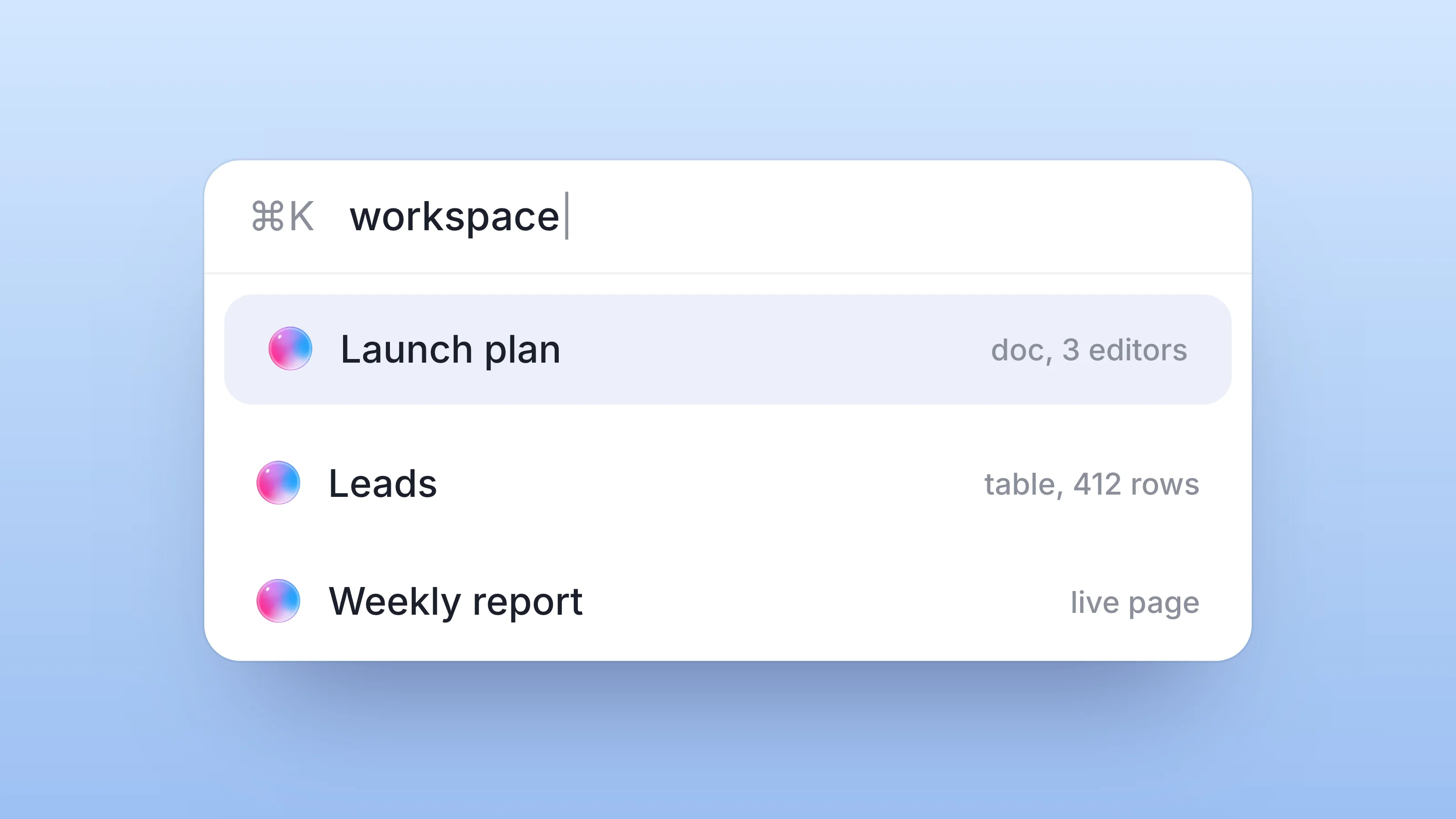 A command palette searching workspace: a launch plan doc with 3 editors, a leads table with 412 rows, a weekly report live page, on a soft sky blue gradient.