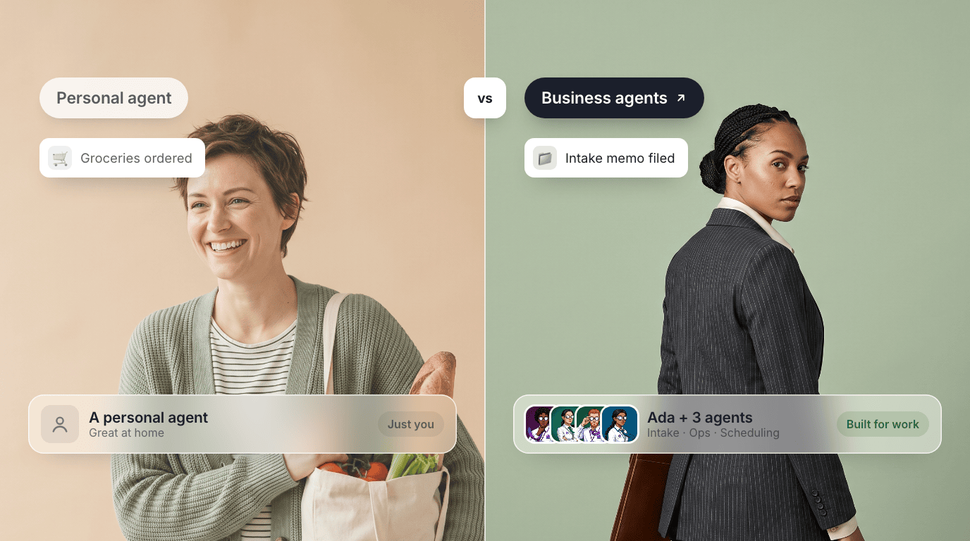 A split cover: a personal agent carrying groceries with a groceries-ordered toast, next to Ada, an AI legal intake agent, with a team of agents and an intake-memo-filed toast.