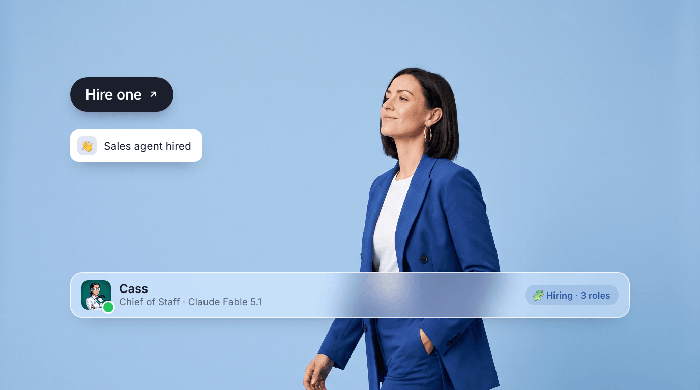 Cass, an AI chief of staff, striding across a soft sky-blue canvas with a Hire one pill, a sales-agent-hired toast, and their profile bar.