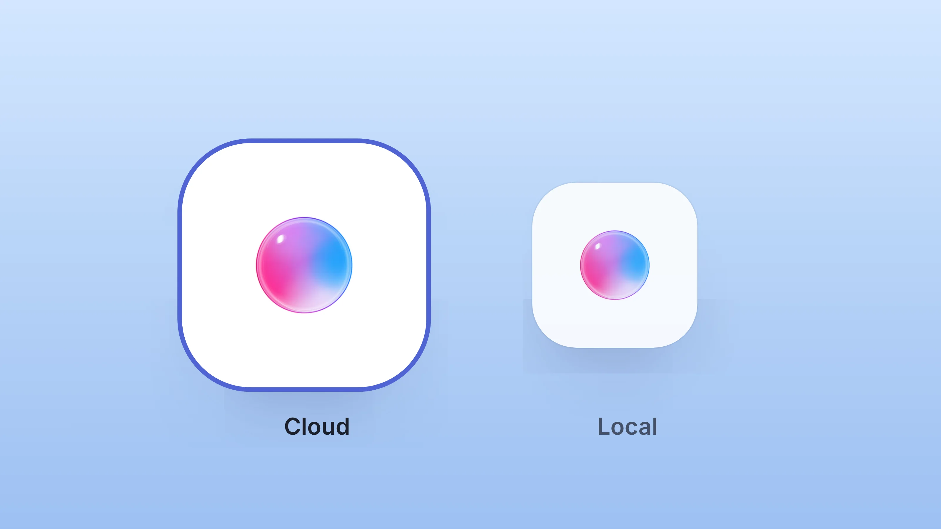 Two Dock orb tiles labeled Cloud and Local, Cloud selected, on a soft sky blue gradient.