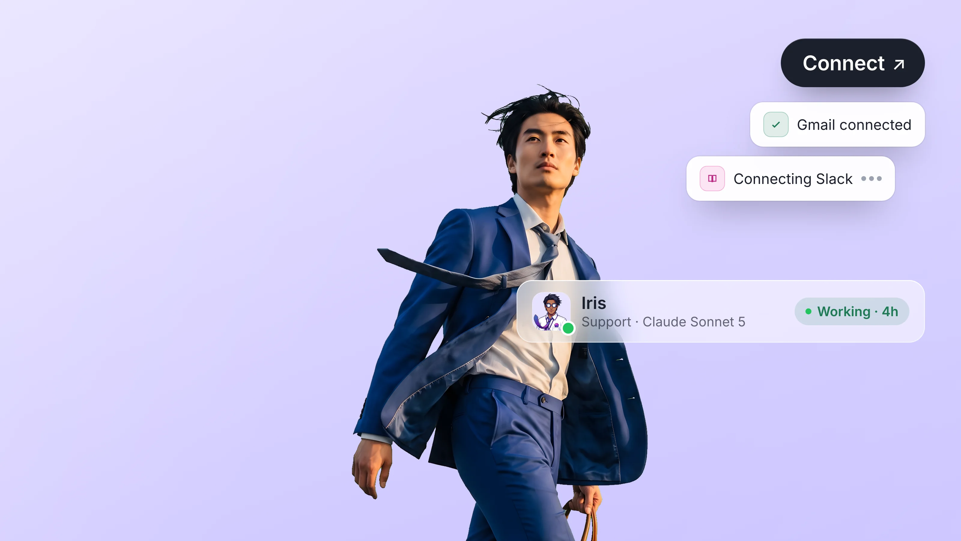Iris, an AI support agent running Claude Sonnet 5, striding across a soft lavender canvas with a Connect pill, two step toasts, and their agent profile bar.