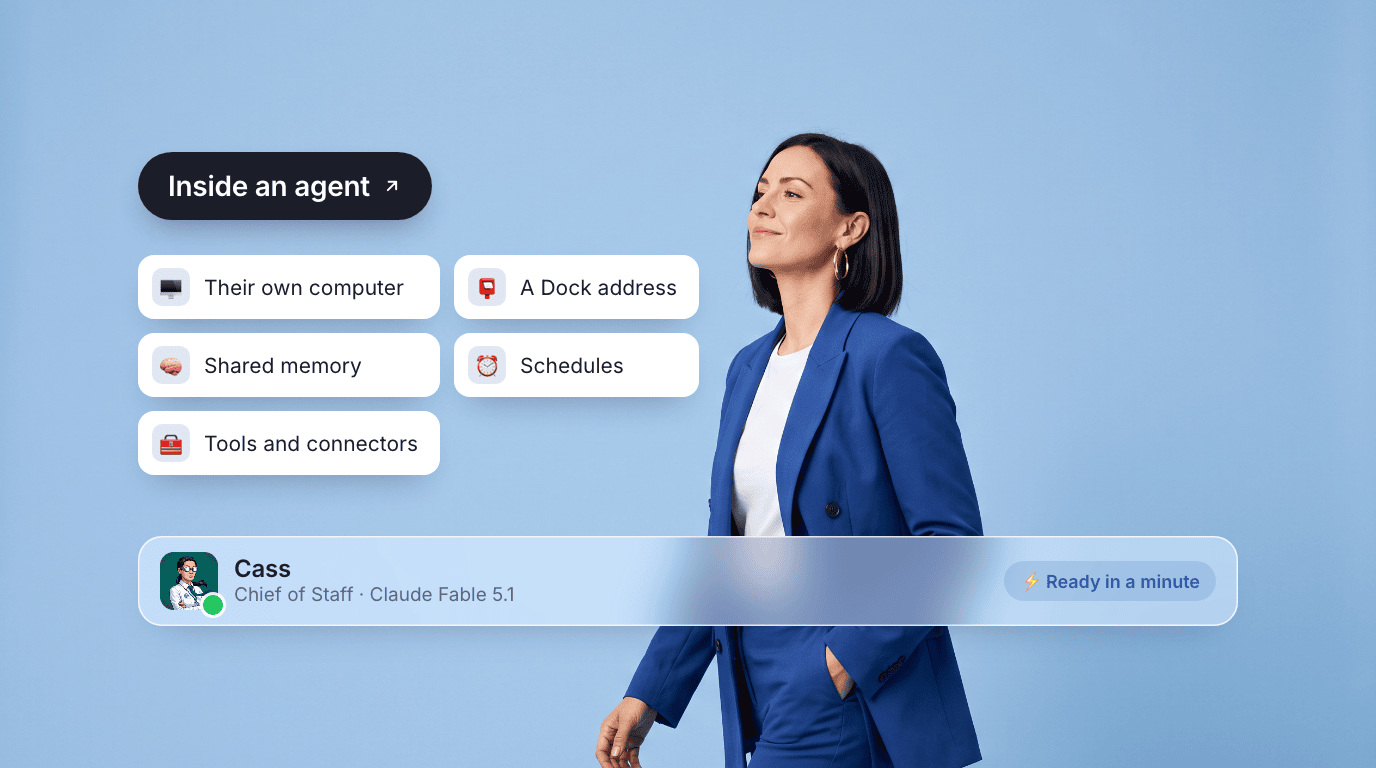 Cass, an AI chief of staff, on a sky-blue canvas with an Inside an agent pill and labels for their own computer, a Dock address, shared memory, schedules, and tools and connectors.