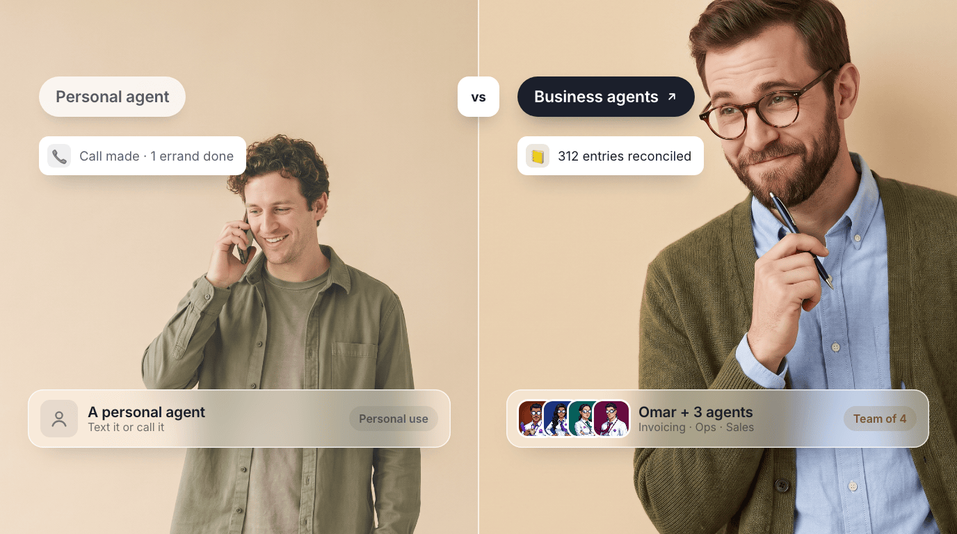 A split cover: a personal agent on a phone call with an errand-done toast, next to Omar, an AI bookkeeping agent, with a team of agents and an entries-reconciled toast.