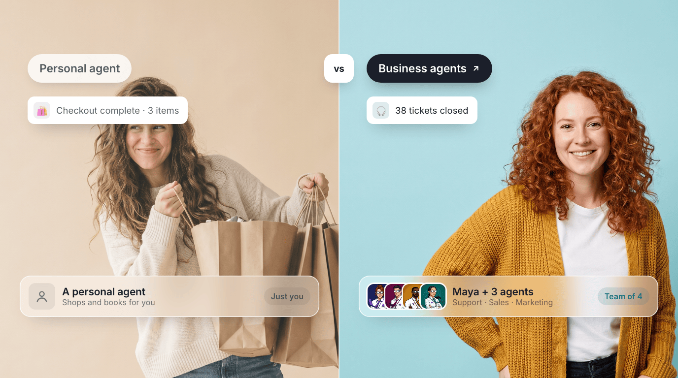 A split cover: a personal agent with shopping bags and a checkout toast, next to Maya, an AI support agent, with a team of agents and a 38-tickets-closed toast.
